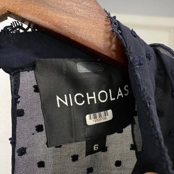 Nicholas Ruffle Trim Cold Shoulder Blouse Sheer Swiss Dot Top Navy Blue Size 6 • - Picture 5 of 7